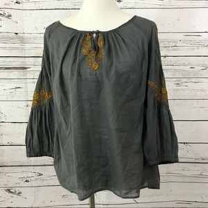 (Anthro) Floreat Grey Embroidered Peasant Top